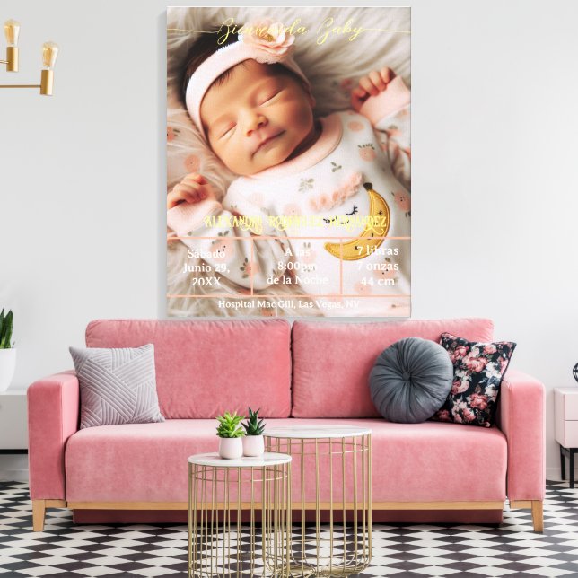 Welcome Baby | Custom Photo Newborn Stats Spanish  Canvas Print (Insitu(LivingRoom))