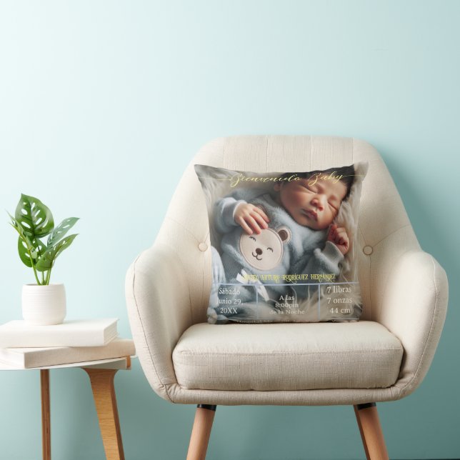 Welcome Baby | Custom Photo Newborn Stats Spanish Throw Pillow (Chair)