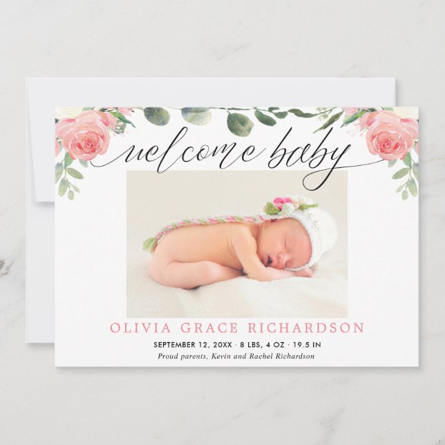 Welcome baby eucalyptus floral birth announcement (Front)