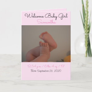 Welcome Baby Girl Birth Stats Photo Card