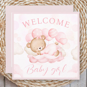 Welcome Baby Girl Name Personalized Pink Bear Card