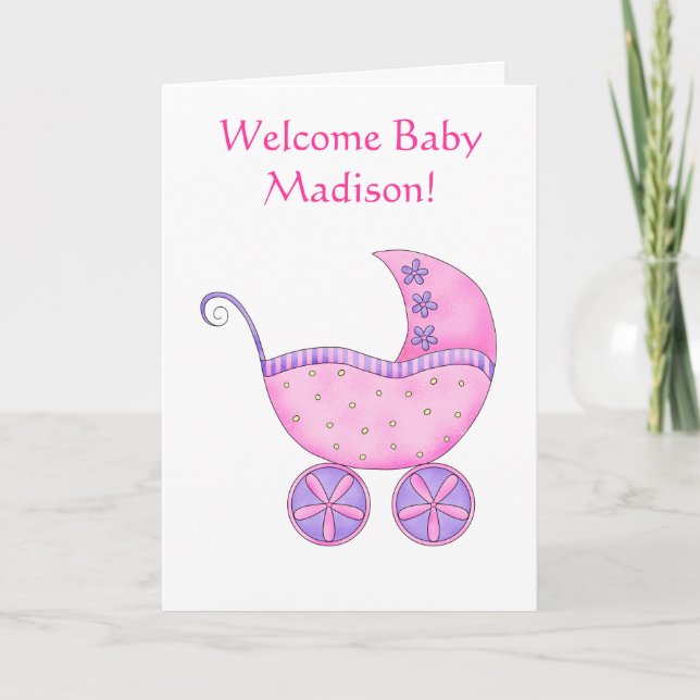 Welcome Baby Girl Name Personalized Pink Buggy Card (Front)