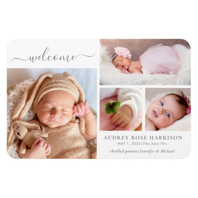 Welcome Baby Girl Photo Collage Birth Announcement Magnet (Horizontal)