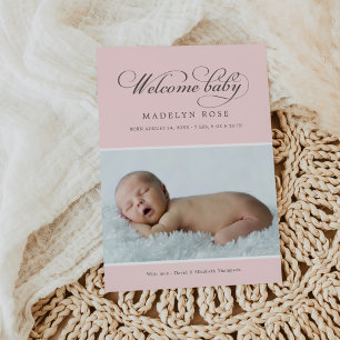 Welcome Baby Girl Pink Damask Photo Birth Announcement