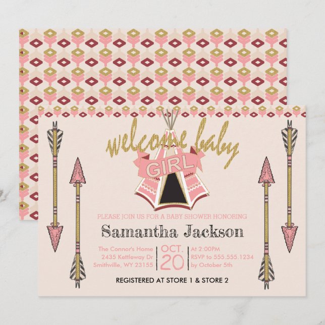 Welcome Baby Girl - Teepee and Arrows Invitation (Front/Back)