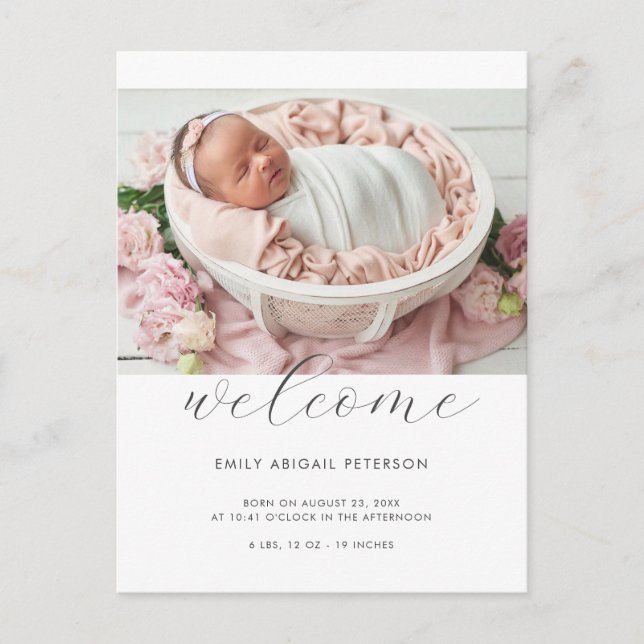 Welcome Baby Modern Chic Photo Birth Announcement Postcard (Front)