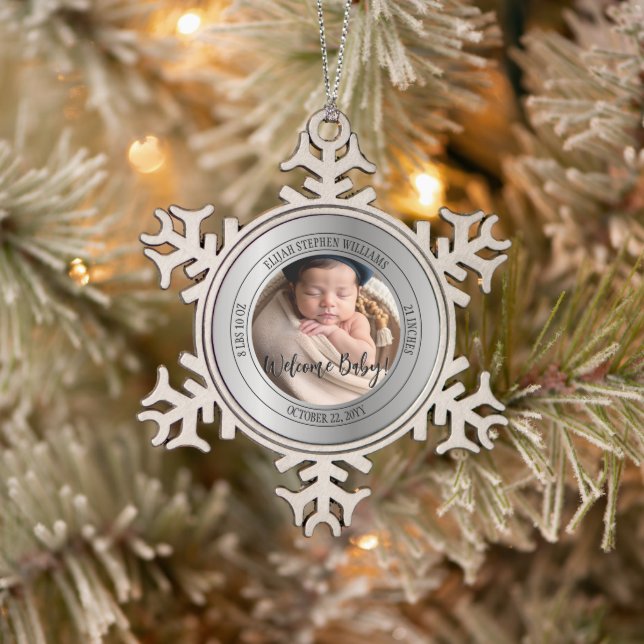 Welcome Baby Photo Birth Statistics Keepsake Snowflake Pewter Christmas Ornament (Tree)