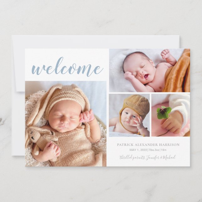 Welcome Baby Photo Collage Blue Birth Announcement (Front)