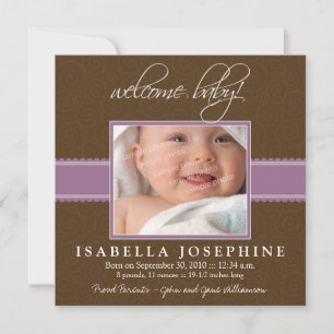 Welcome Baby! Purple Ribbon Birth Announcement