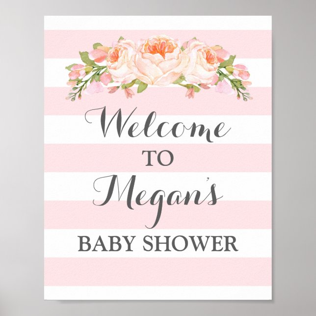 Welcome Baby Shower Sign Pink Flowers Stripes (Front)