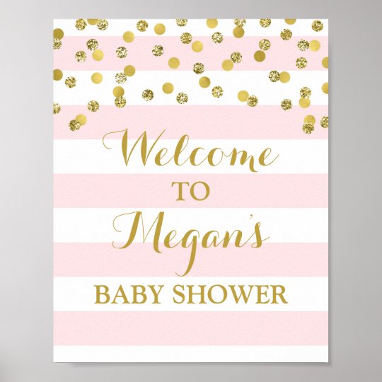 Welcome Baby Shower Sign Pink Stripe Gold Confetti