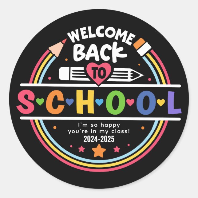 Welcome Back to School – Fun & Colourful Classroom Classic Round Sticker (Front)