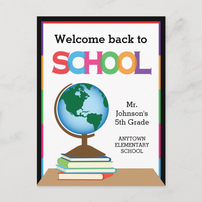 Welcome Back to School, Globe & Books Personalized Postcard (Front)