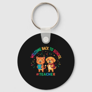 Welcome Back To School Teacher Cute Cat Dog Books Keychain