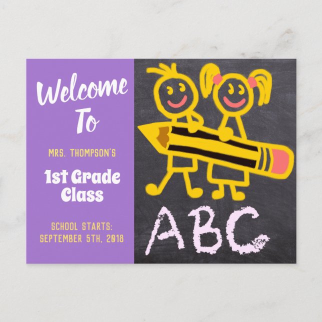 Welcome Back To School Teacher Purple Chalkboard Postcard (Front)
