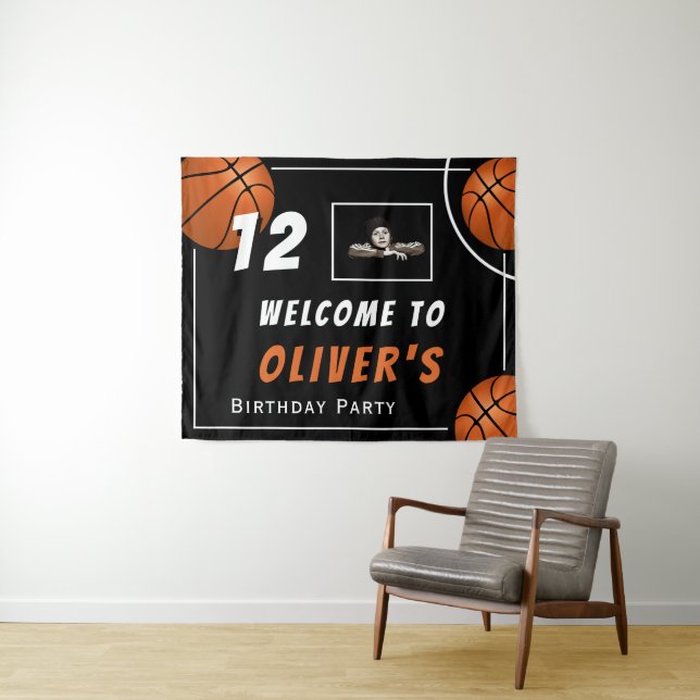 Welcome Basketball Sports Photo Birthday Party Tapestry (In Situ (Horizontal))