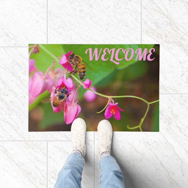 WELCOME Bees On Pink Coral Vine Flowers Photograph Doormat (Indoor)