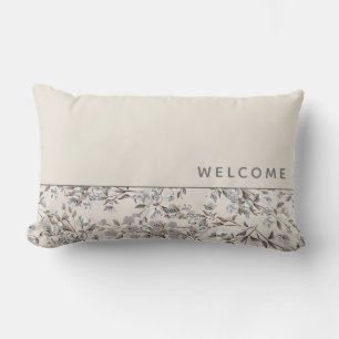 Welcome   Beige Linen & Gray Floral Lumbar Pillow