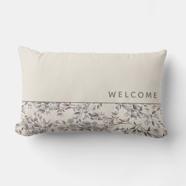 Welcome | Beige Linen & Grey Floral Lumbar Pillow (Front)