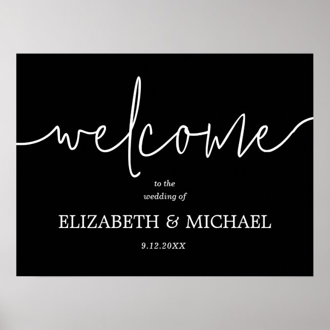 Welcome Black and White Calligraphy Wedding  Poster (Front)