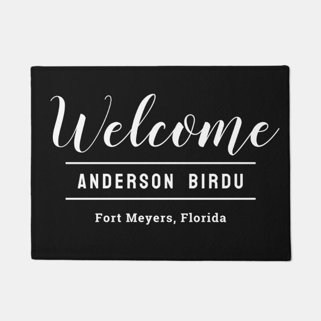 Welcome Black and White Personalized Family Name D Doormat (Front)