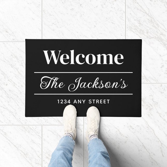 Welcome Black and White Personalized Family Name Doormat (Creator Uploaded)