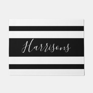 Welcome Black and White Stripes Family Doormat
