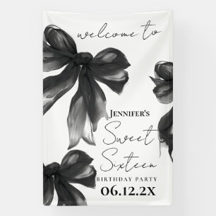 Welcome Black Bow Coquette Script Sweet 16 Party Banner