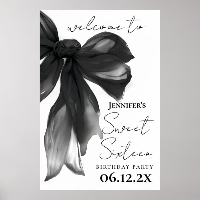 Welcome Black Bow Coquette Script Sweet 16 Party Poster (Front)