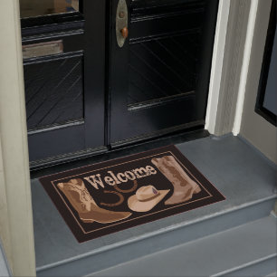 Welcome Black Brown Boots Hats Horseshoes Doormat