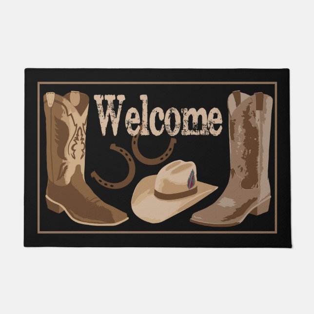 Welcome Black Brown Boots Hats Horseshoes Doormat (Front)