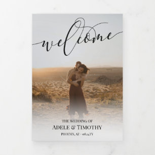 Welcome Black Calligraphy Photo Wedding  Tri-Fold Programme