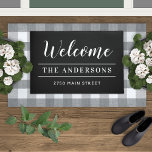 Welcome Black Family Name and Address Doormat<br><div class="desc">This bestselling welcome doormat features "Welcome" in elegant white calligraphy script with your family name and address displayed in clean block lettering on a classic black background. A timeless addition to any front porch and a thoughtful housewarming or closing gift for new homeowners. All text is fully customizable with your...</div>