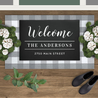 Welcome Black Family Name and Address Doormat