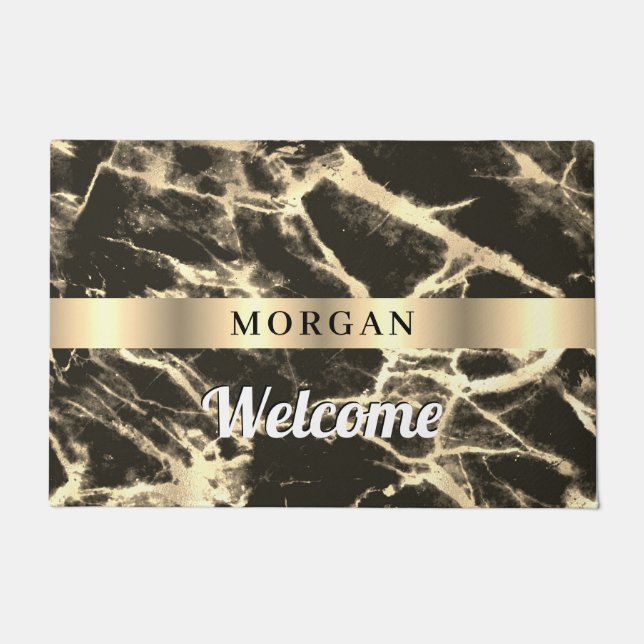 Welcome, Black & Gold Marble, Name, Gold Band, Vs2 Doormat (Front)
