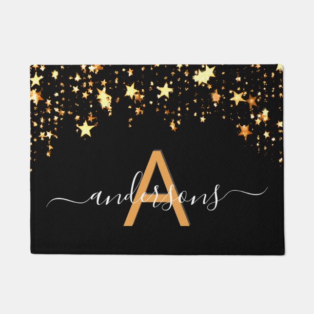Welcome black gold stars dripping family monogram doormat (Front)