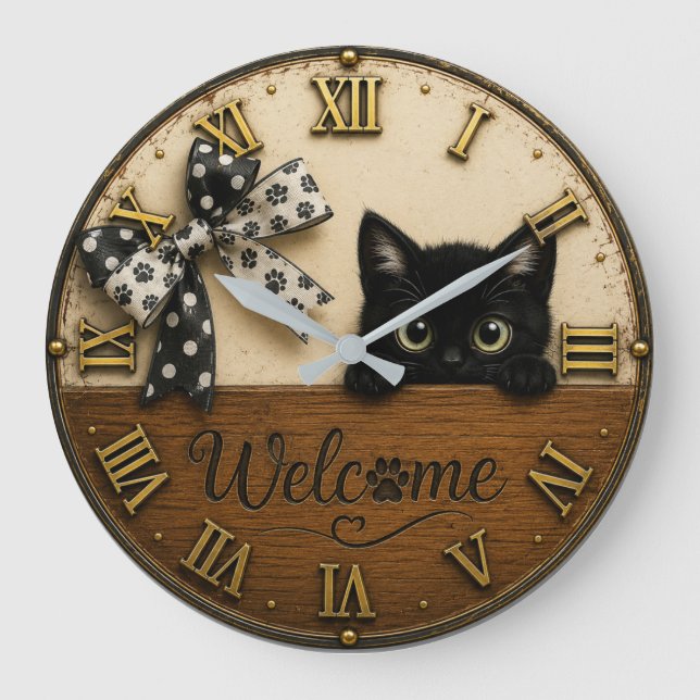 Welcome Black Kitten Cute Peeking Cat Large Clock (Front)