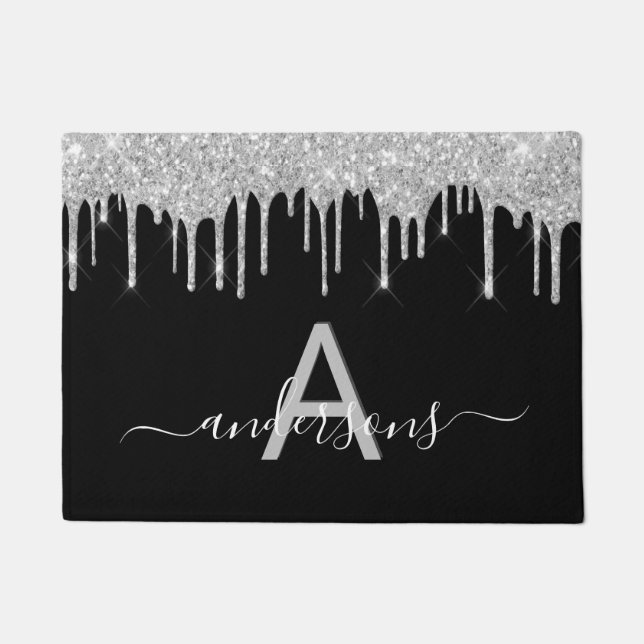 Welcome black silver glitter drips family monogram doormat (Front)