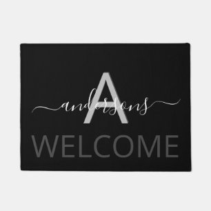 Welcome black white family monogram name doormat