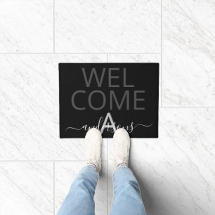 Welcome black white family monogram name doormat