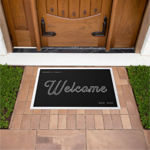 Welcome Black White Script Family Name Year Doormat
