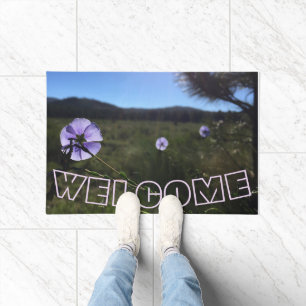 WELCOME Blue Flax Flowers In Prairie Scenic Doormat