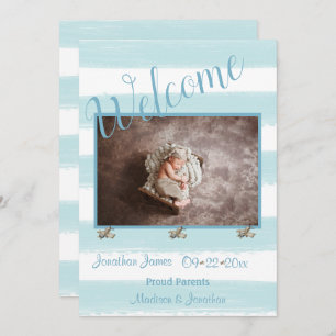 Welcome Blue Photo Script Personalize Boy Birth Announcement