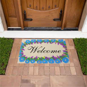 Welcome Blue Purple Flowers Doormat