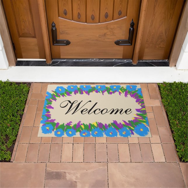 Welcome Blue Purple Flowers Doormat (Outdoor)