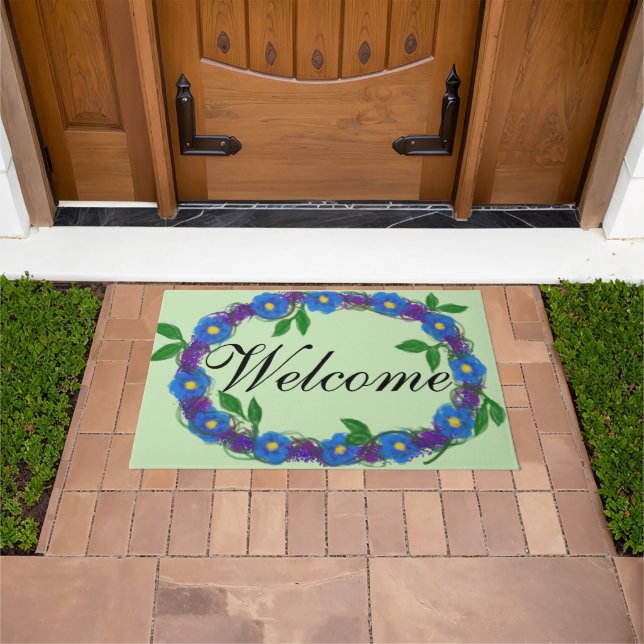 Welcome Blue Violet Floral Wreath Doormat (Outdoor)