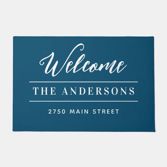 Welcome Blue & White Personalized Family title Doormat (Front)