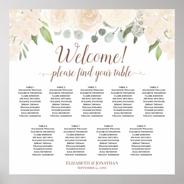 Welcome! Blush Peach Roses 9 Table Seating Chart (Front)