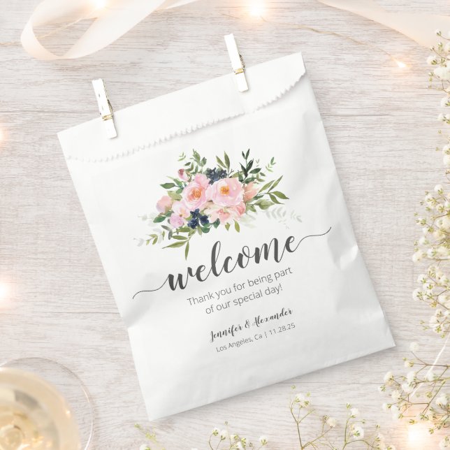 Welcome Blush Pink and Blue Flowers Favour Bag (Clipped)