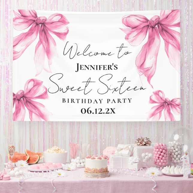 Welcome Blush Pink Bow Coquette Script Sweet 16  Banner (Party)